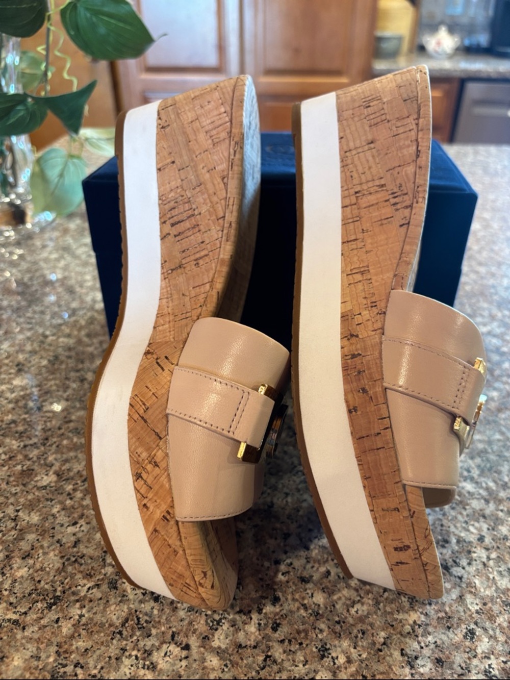 Michael Kors Warren Nude Leather Cork Wedge Slide Sandals with Gold MK Medallion - Picture 11 of 16